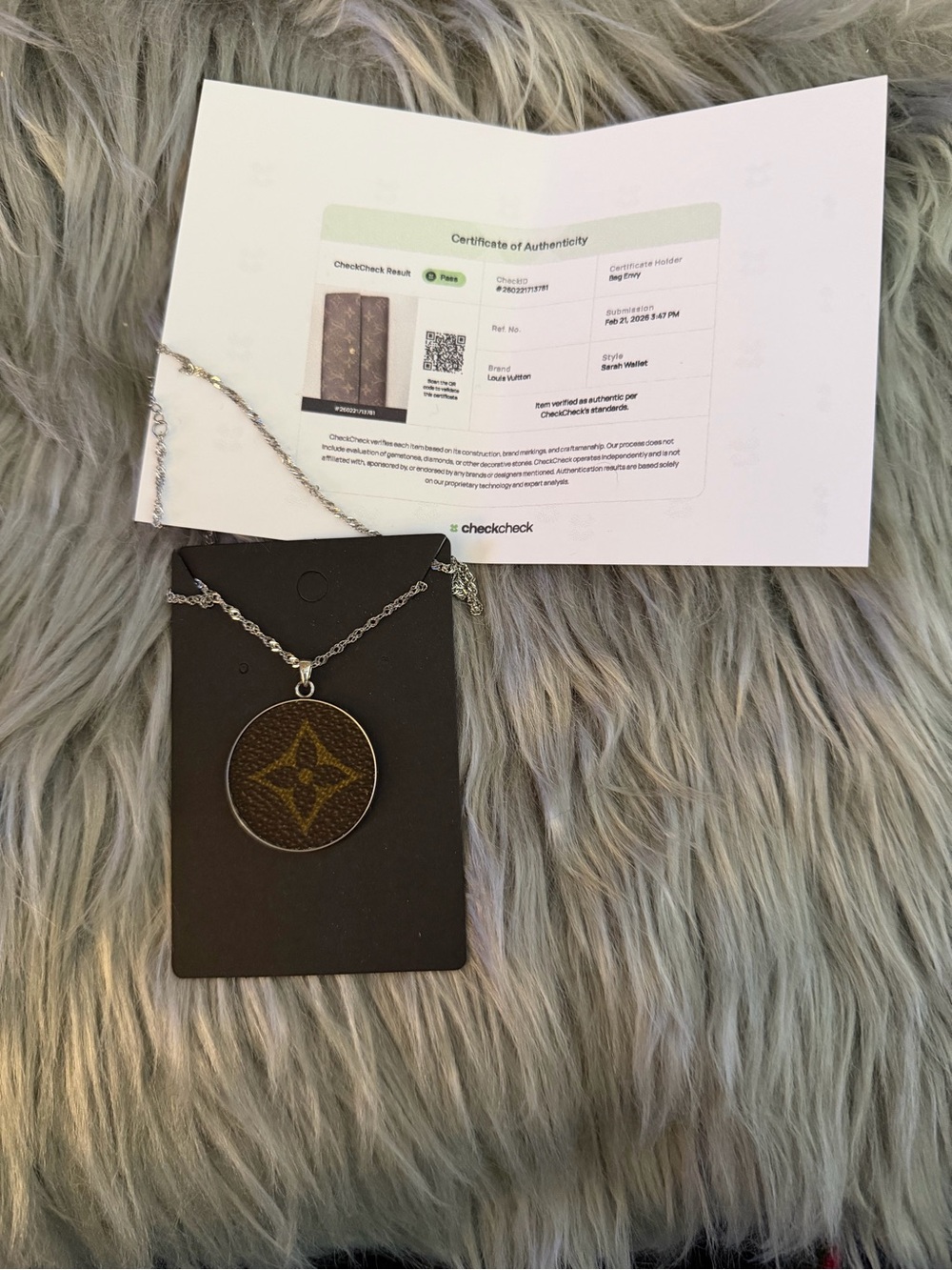 Louis Vuitton Damier Ebene Round Pendant on 20” stainless chain